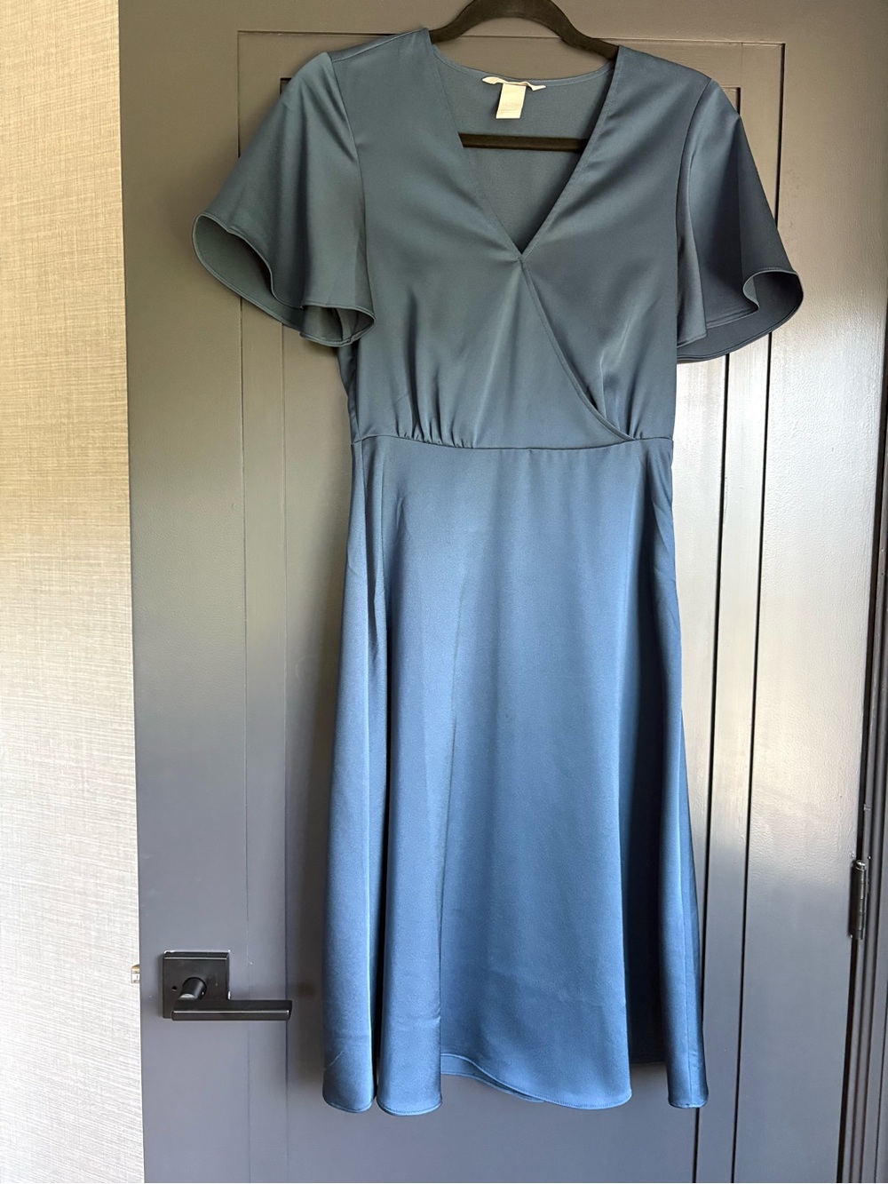 H&M Slate Blue V-Neck Midi Dress with Flutter Sleeves